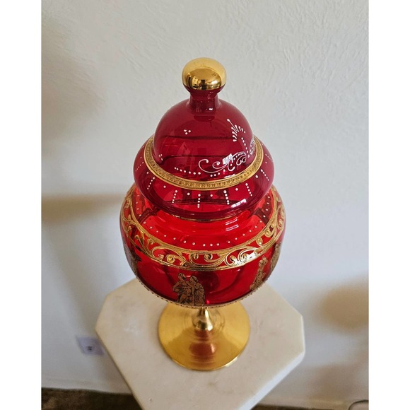 Bohemian 14" Ruby Red Crystal Apothecary Jar with Grecian Design - Picture 4 of 7